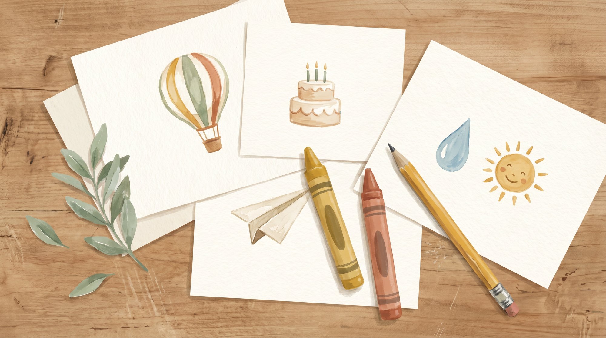 Watercolor printables, crayons, and pencil arranged on a warm wooden table